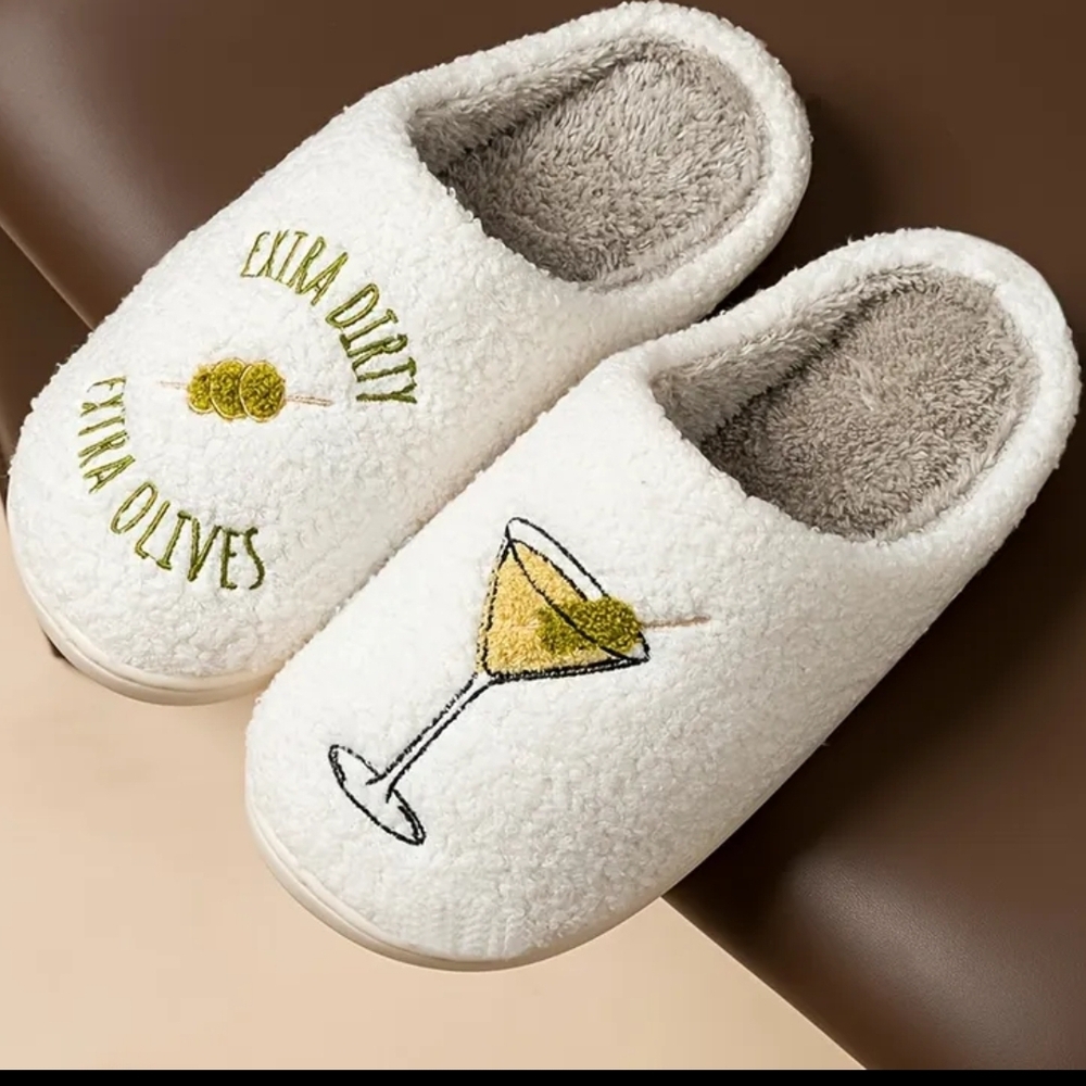 Cozy White Martini Slippers with Martini Embroidery